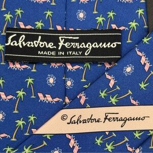 Ferragamo Silk Tie Blue Pink & Green with Palm Trees Lounge Chairs & the Sun